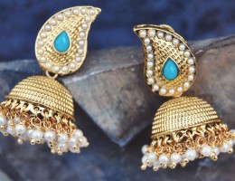 Turquoise Gold Jhumka Earrings with Pearls